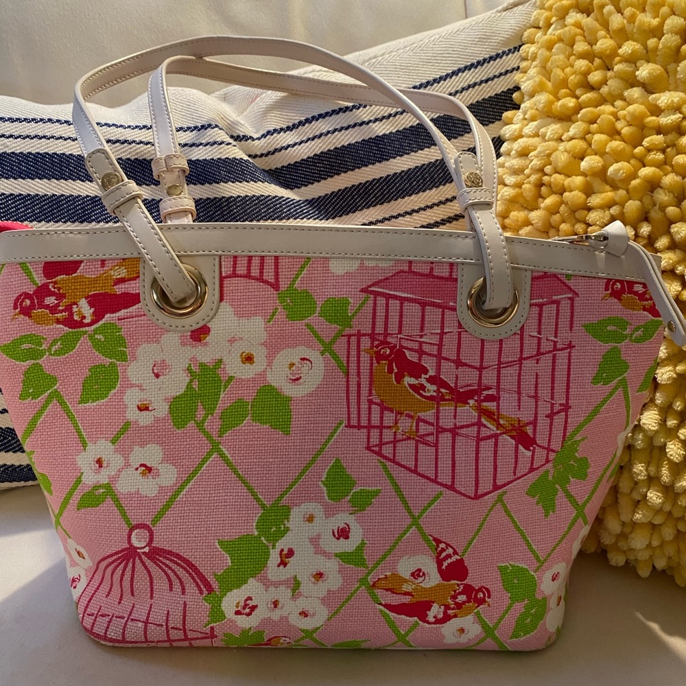 Spartina 449 | Ivory & Pink Bird Wilson Island Linen Tote